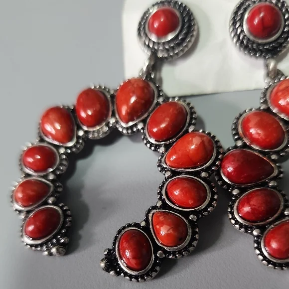 Red and Silver Tone Earrings Southwestern Bold Fashion Jewelry - Picture 4 of 4